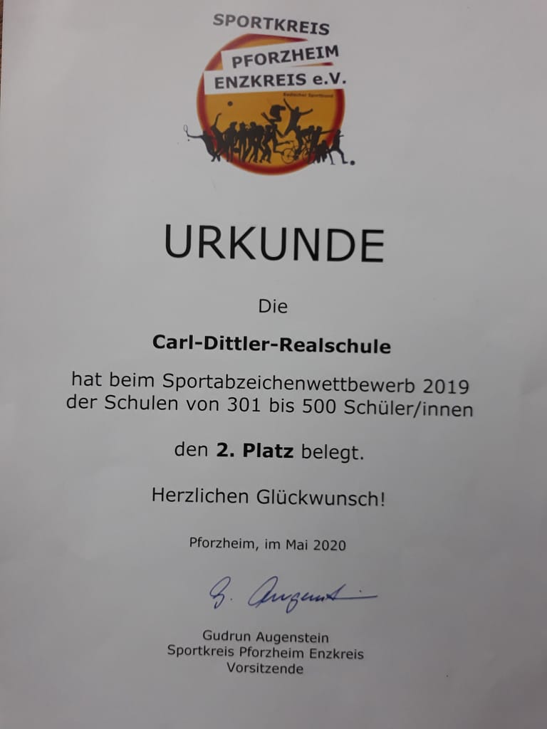 Carl Dittler Realschule ausgezeichnet Wilferdingen Wettbewerb Urkunde Sport Schule Remchingen Carl Dittler Realschule Auszeichnung